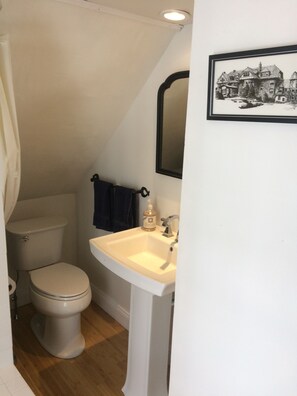 Combined shower/bathtub, hair dryer, towels, soap