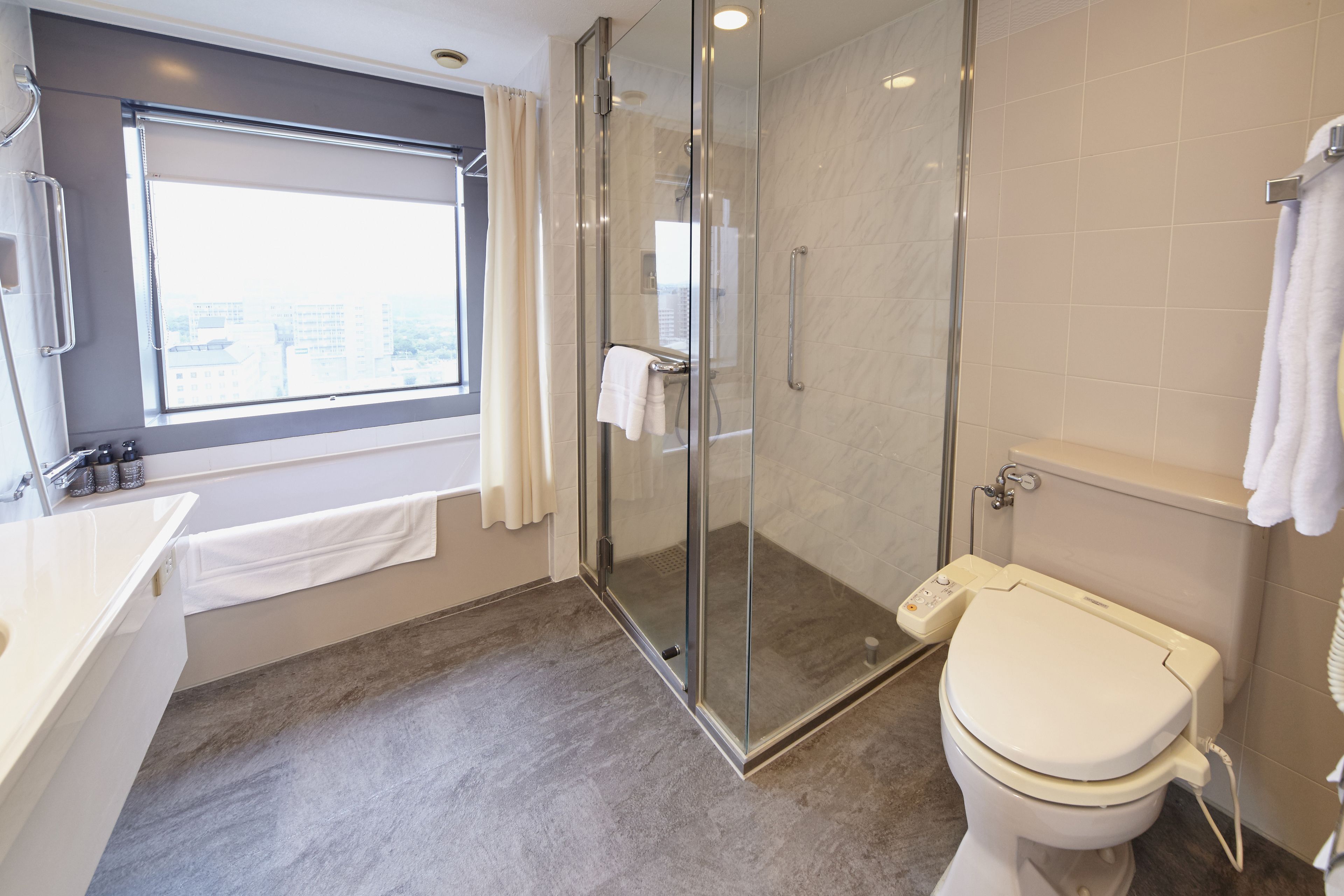 A modern bathroom with a glass shower enclosure, a toilet, and a sink.