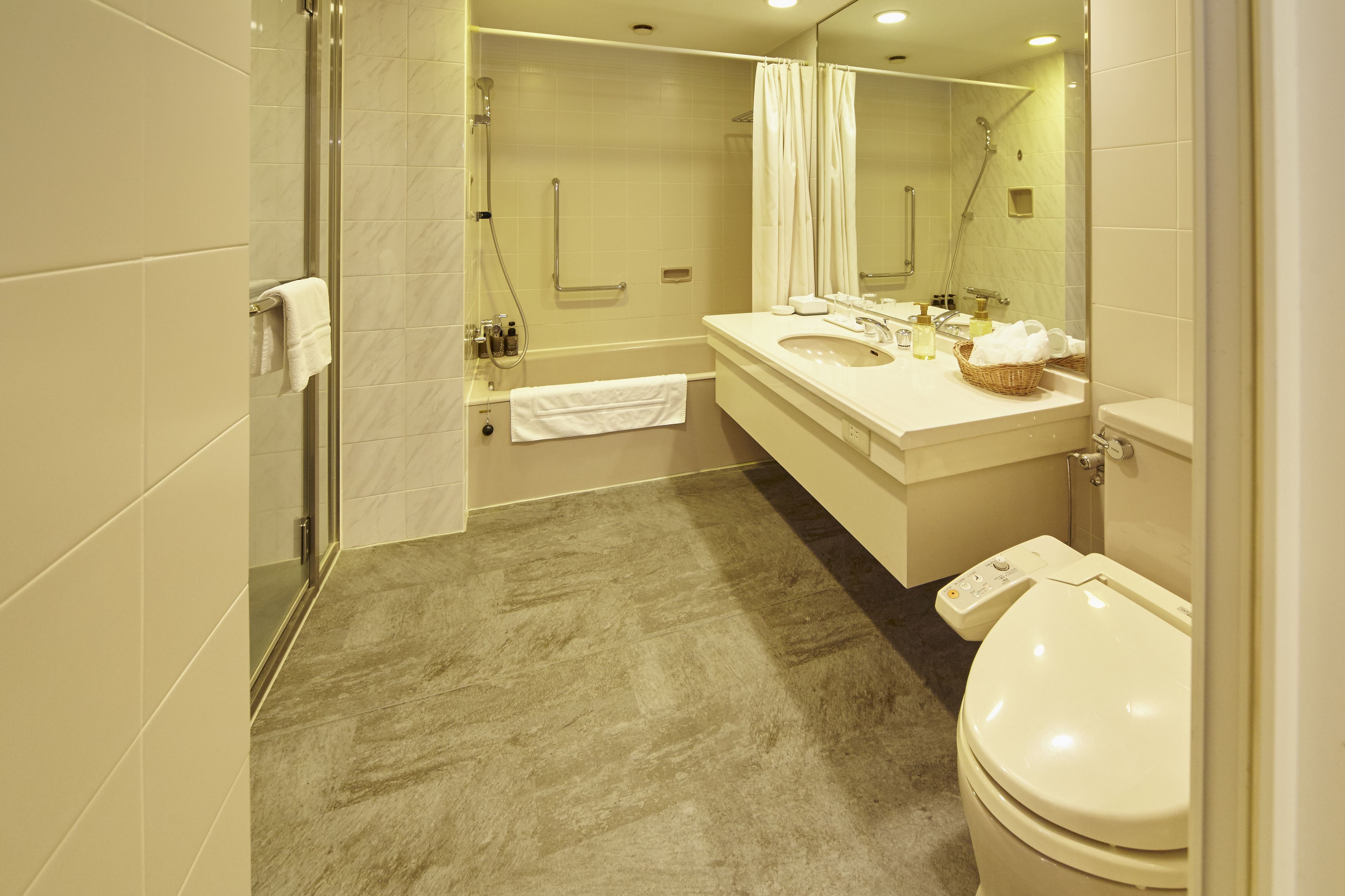 combined shower/bathtub, free toiletries, hair dryer, slippers