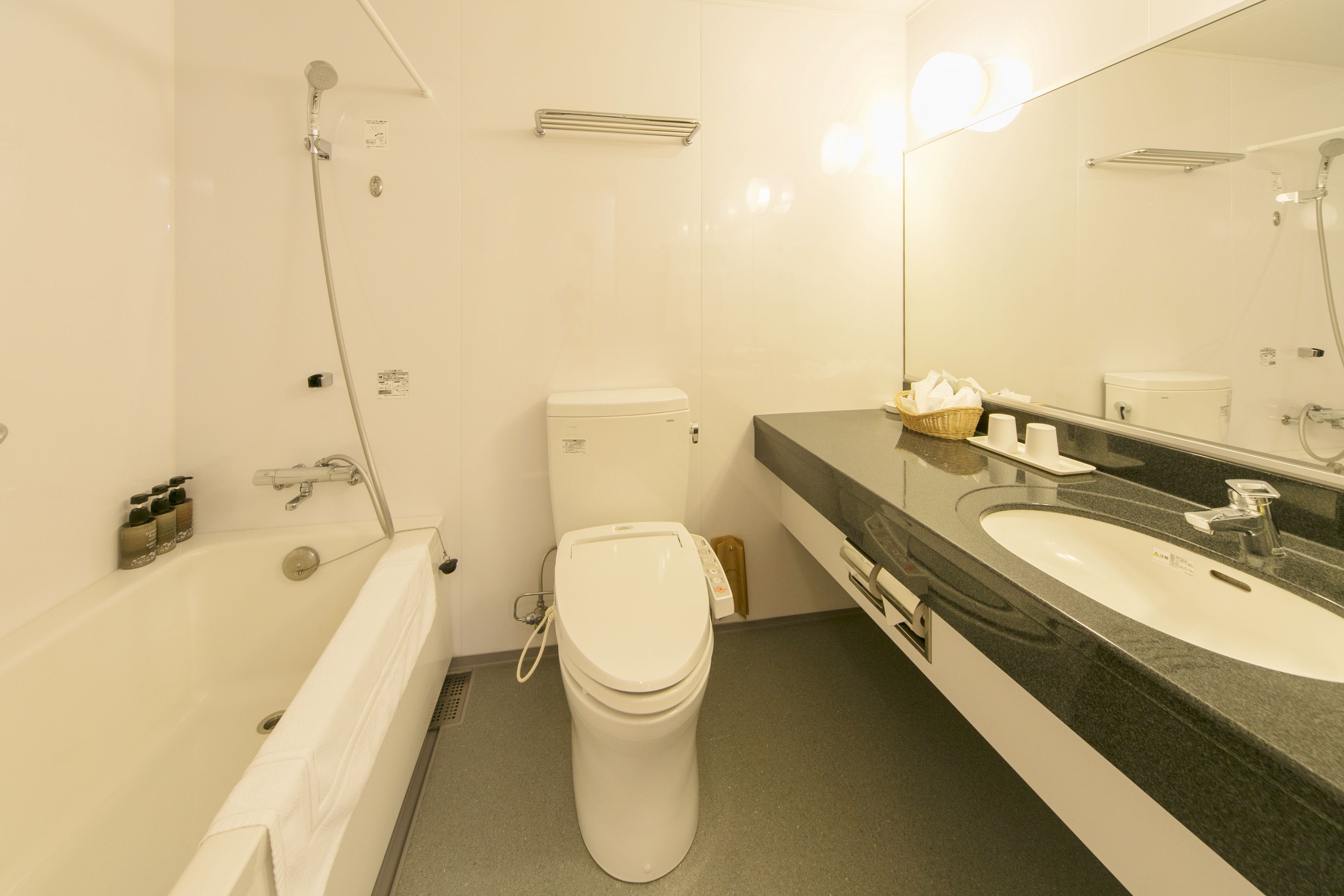 Une salle de bain moderne avec une baignoire, des toilettes et un lavabo.