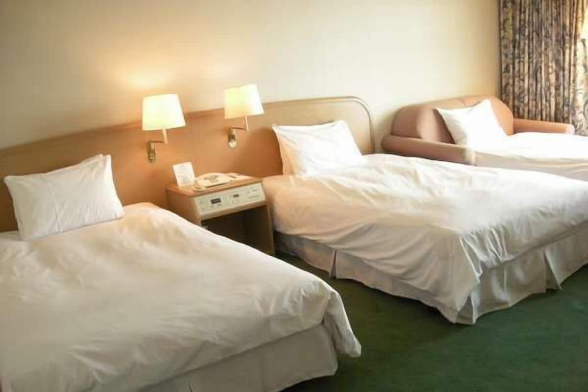 Down comforters, desk, laptop workspace, blackout drapes