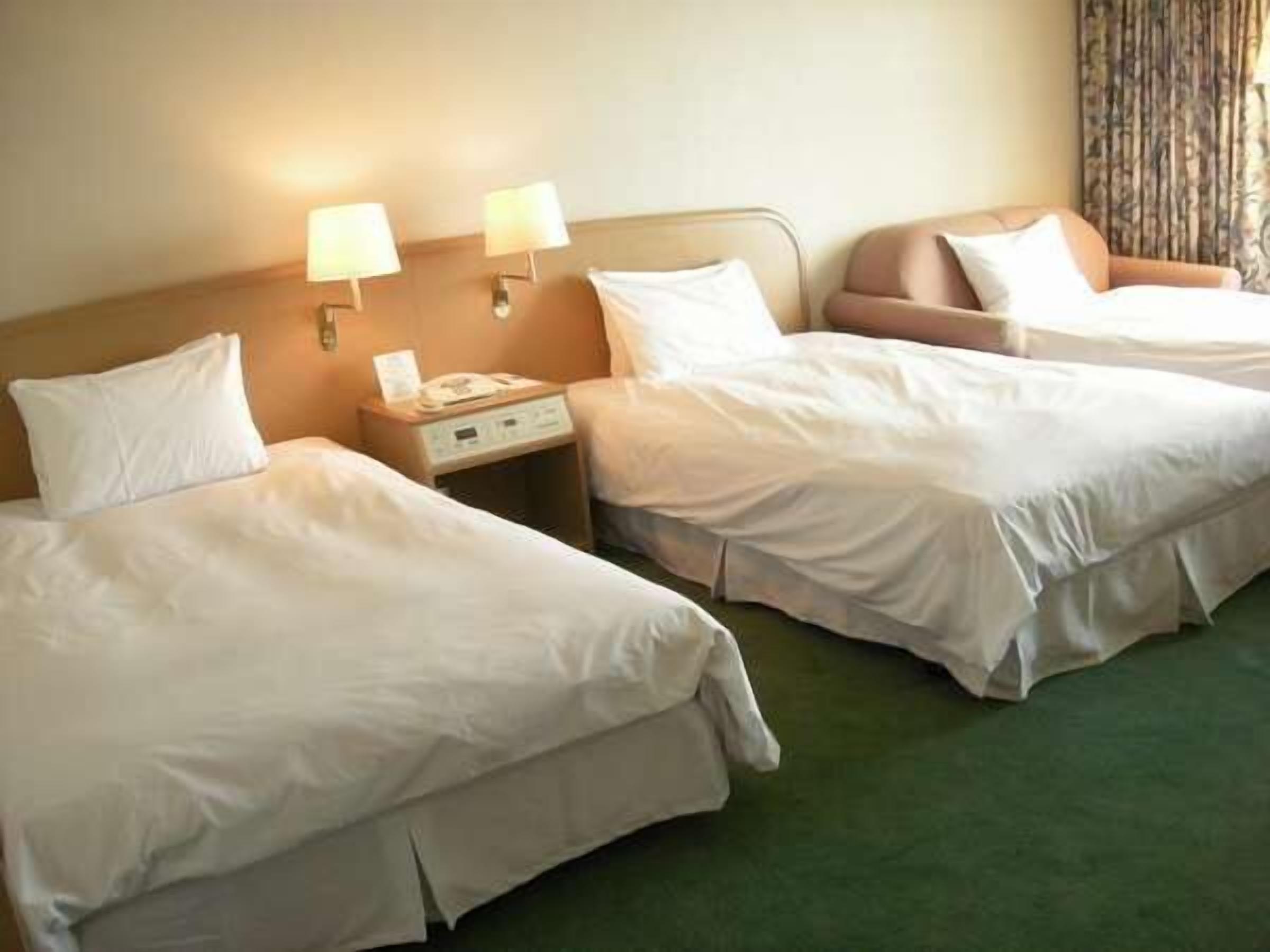 Down comforters, desk, laptop workspace, blackout drapes