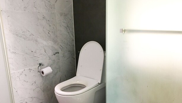 Un baño con inodoro, paredes de mármol y una puerta.