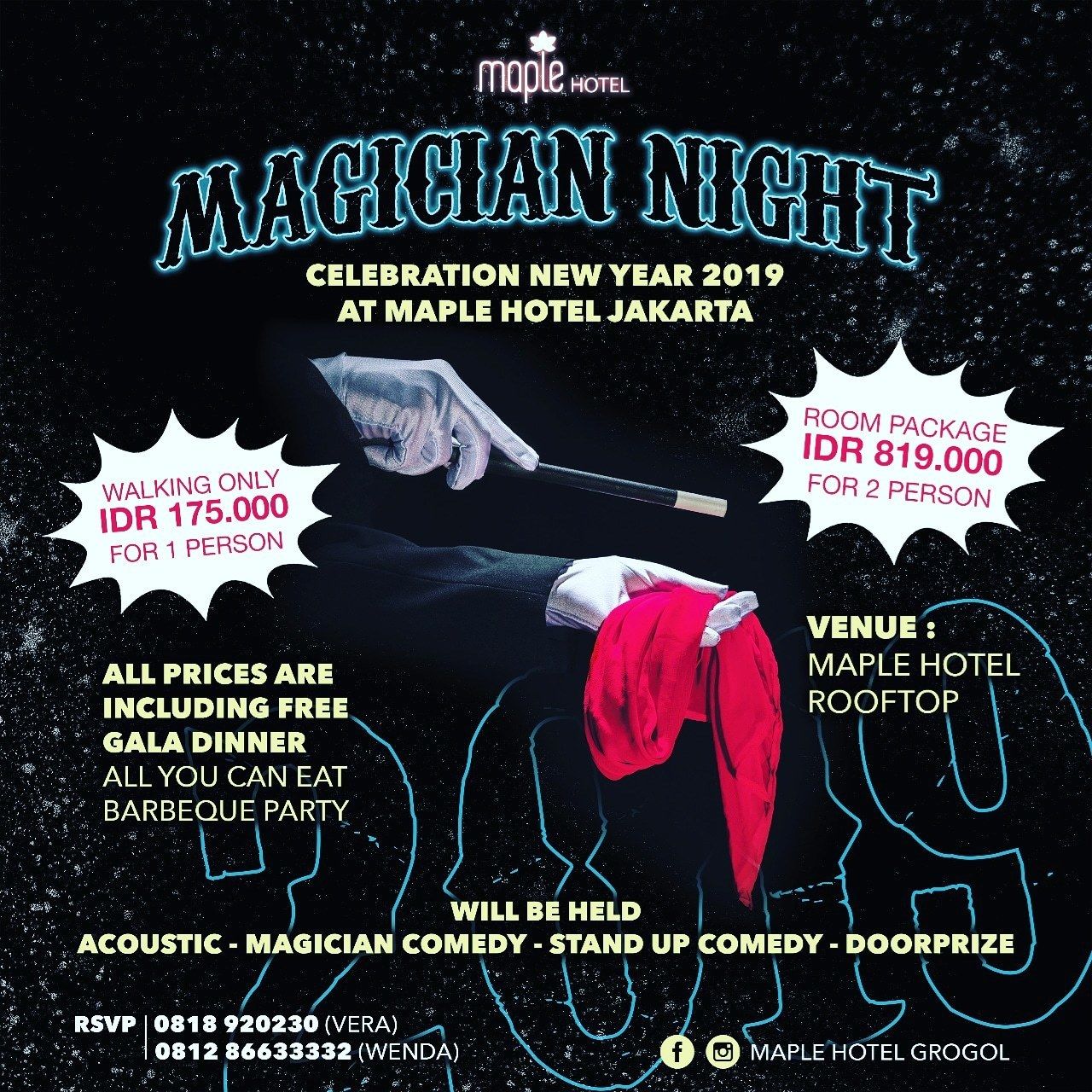 A promotional poster for a magician night event at Maple Hotel Jakarta, including prices for room packages and a free gala dinner.