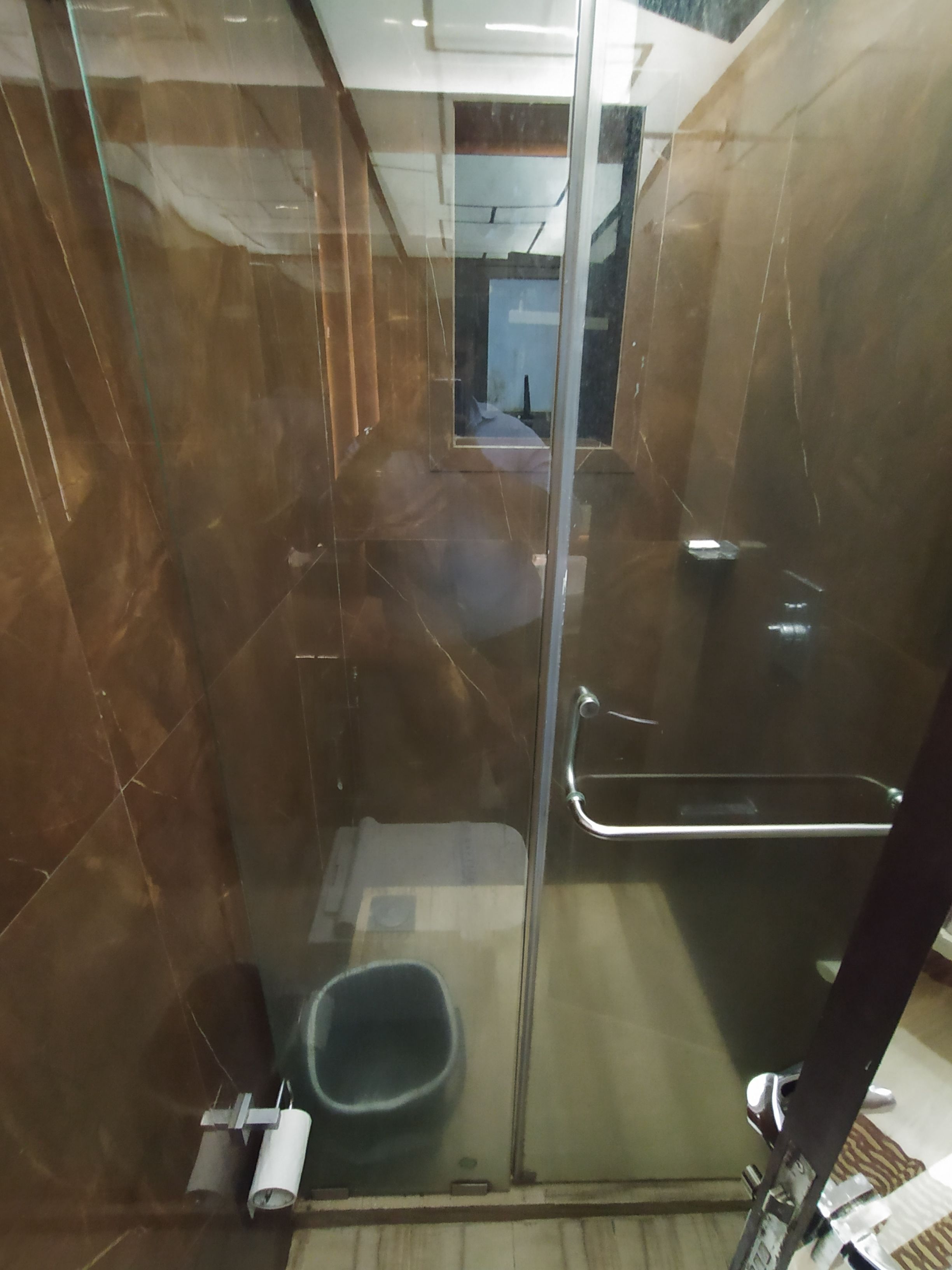 A glass-enclosed shower stall with a handheld showerhead, a towel rack, and a toilet paper dispenser.