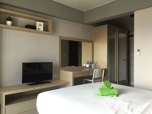 Habitación de hotel con cama, televisor sobre un mueble, escritorio con silla, armario y estante con una planta.