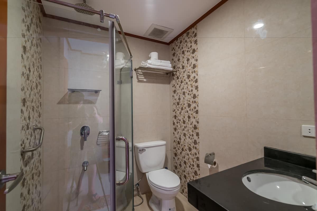 Shower, free toiletries, hair dryer, bidet