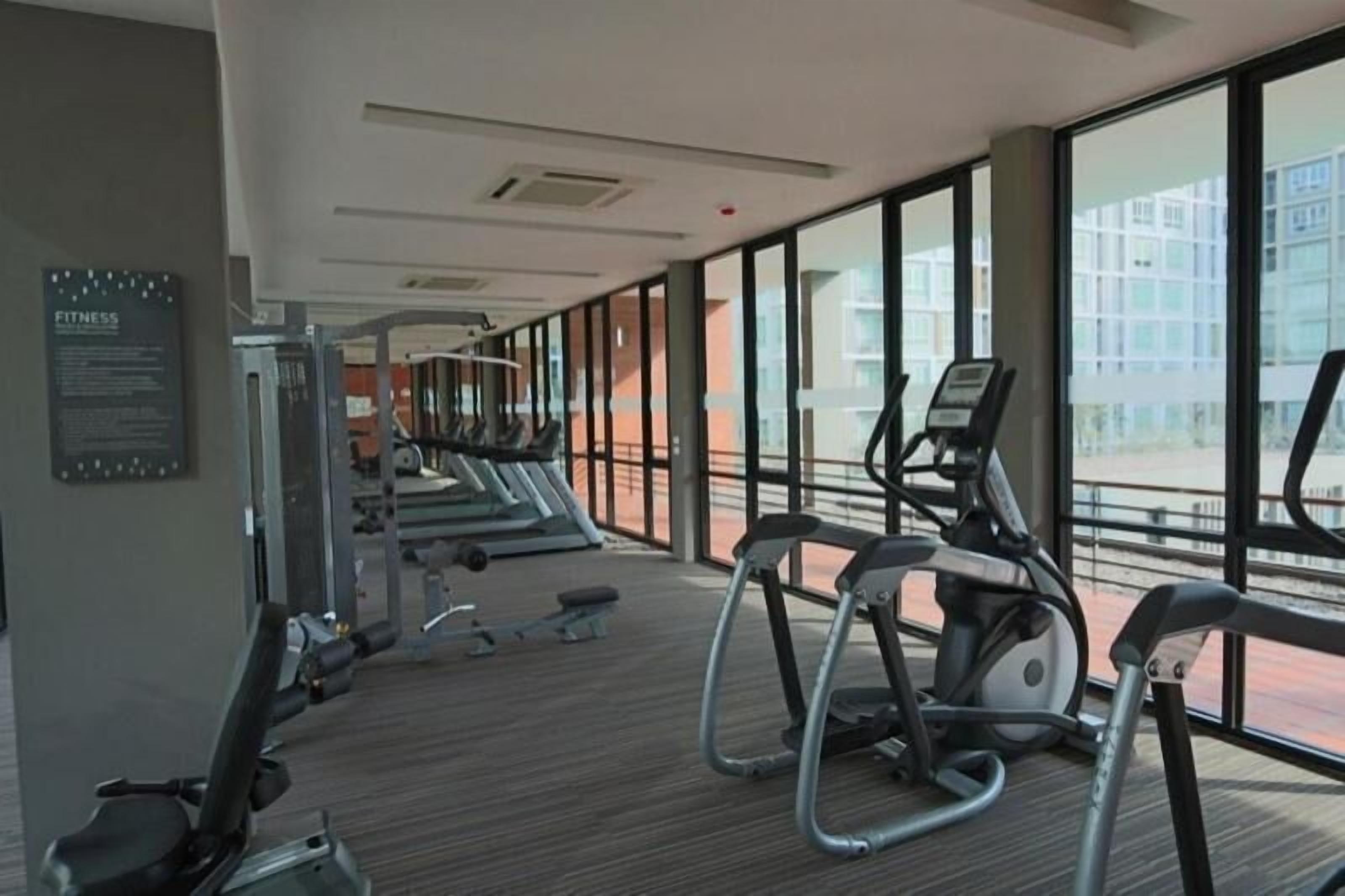 A gym with cardio equipment, weight machines, and a large window with a view of buildings.