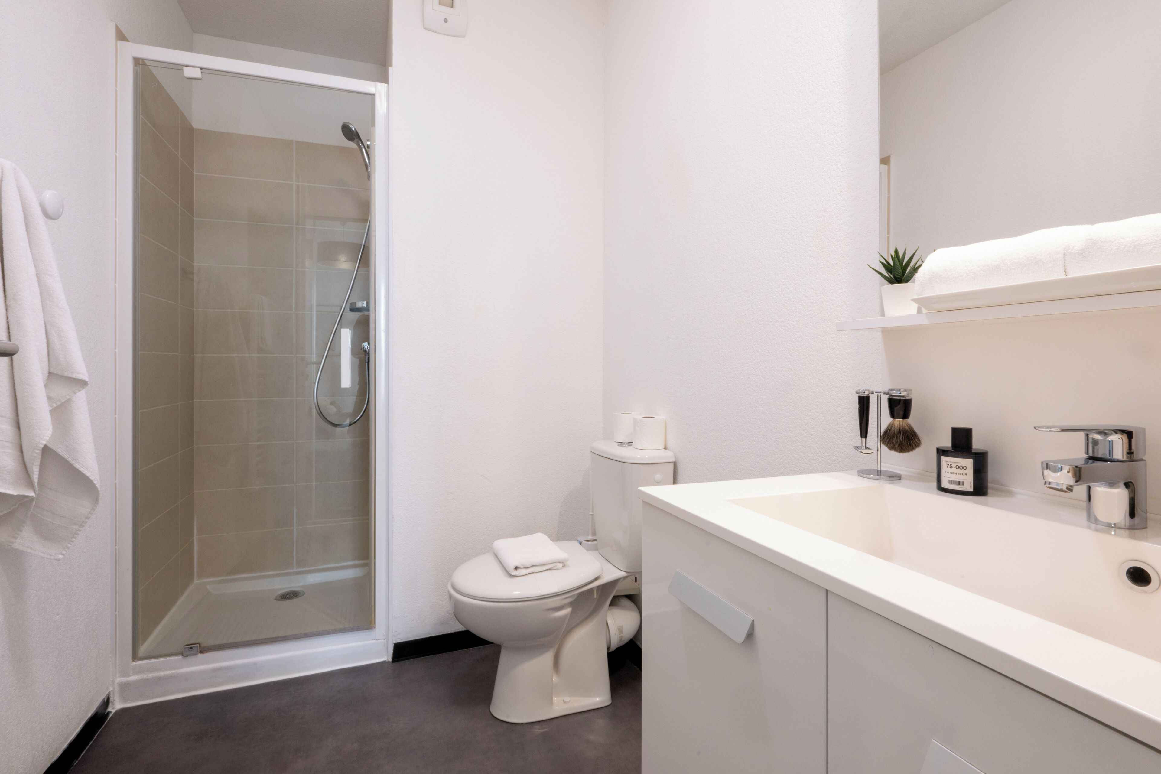 Une salle de bain moderne avec une douche à parois de verre, des toilettes blanches et un meuble-lavabo avec un miroir.