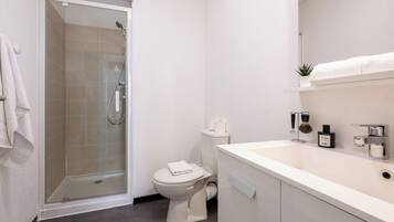 Une salle de bain moderne avec une douche à parois de verre, des toilettes blanches et un meuble-lavabo avec un miroir.