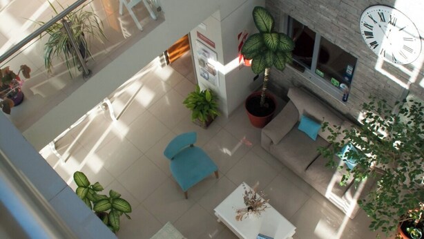 A spacious indoor area with a seating arrangement, a fireplace, and potted plants. - Links Apart Hotel (Río Grande)