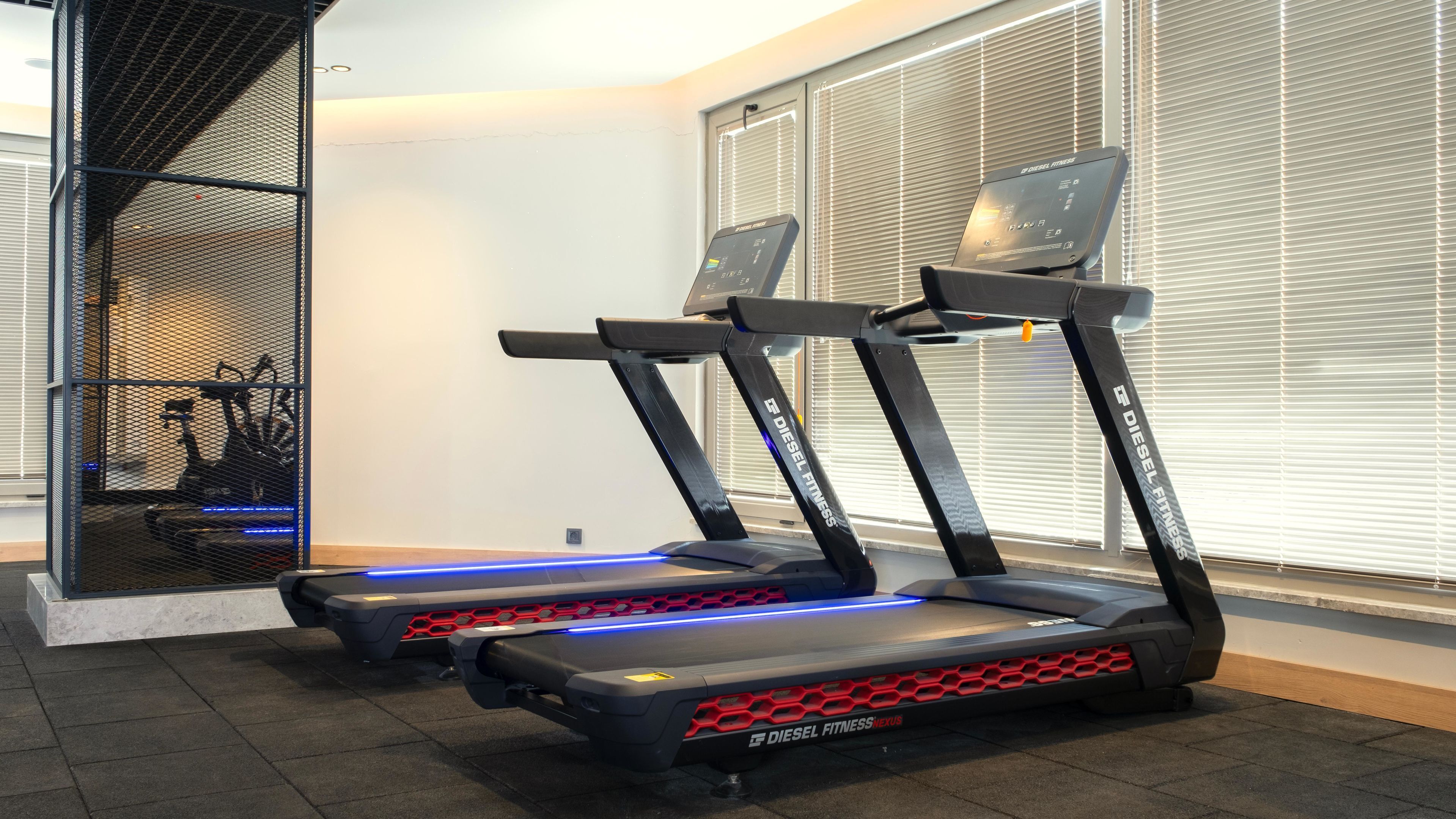 Three treadmills in a gym with a window and a mesh enclosure in the background.