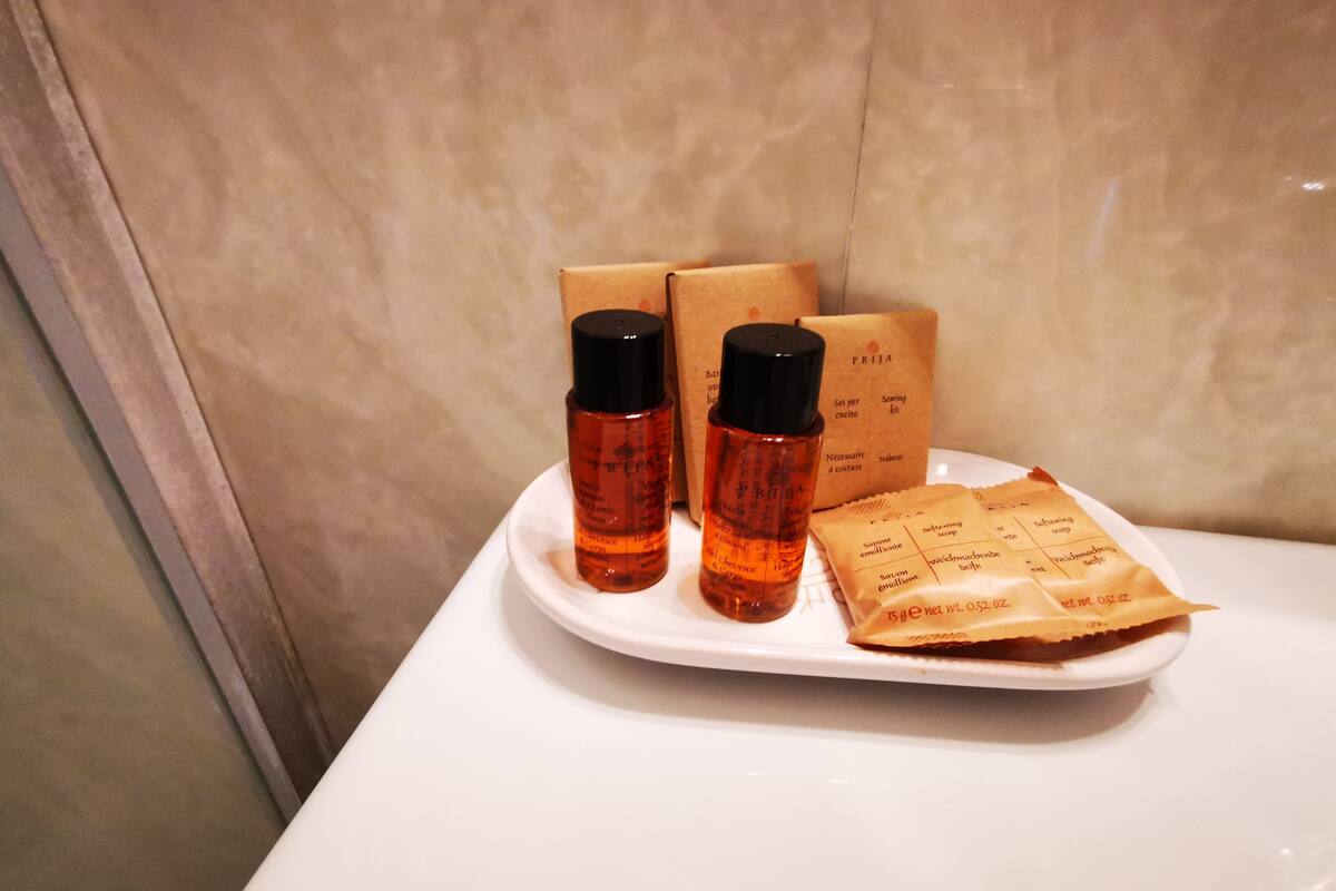 shower, free toiletries, hair dryer, towels