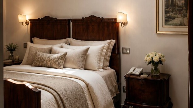 Quarto com cama de madeira, mesa de cabeceira, abajur, quadro emoldurado e claraboia.
