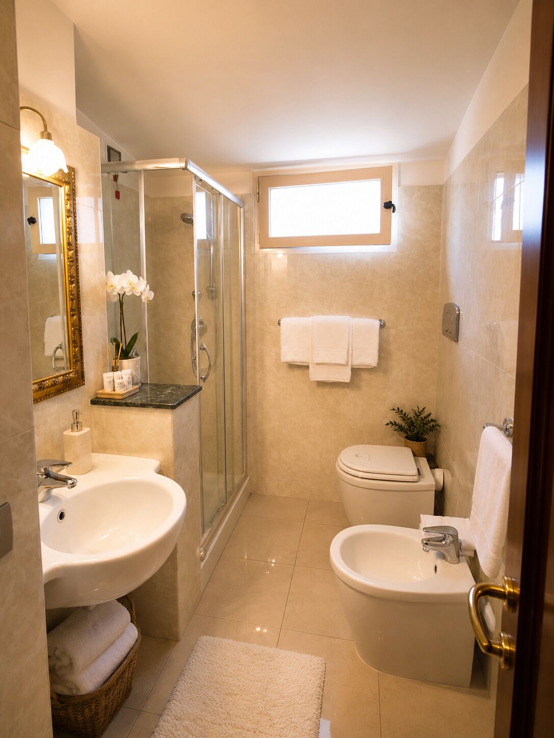 A modern bathroom with a glass-enclosed shower, a sink, a toilet, and a bidet.