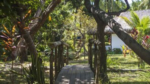 A wooden pathway leading to a thatched-roof structure surrounded by lush greenery. - Ciamat Camp (Santo Amaro do Maranhão)