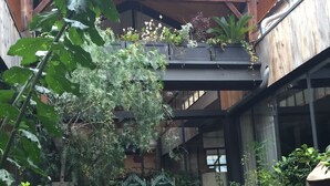 Um pátio com pérgola de madeira, plantas em vasos e uma escultura de metal.