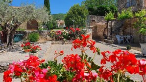 Un patio con edificios de piedra, una pérgola y plantas florecientes.