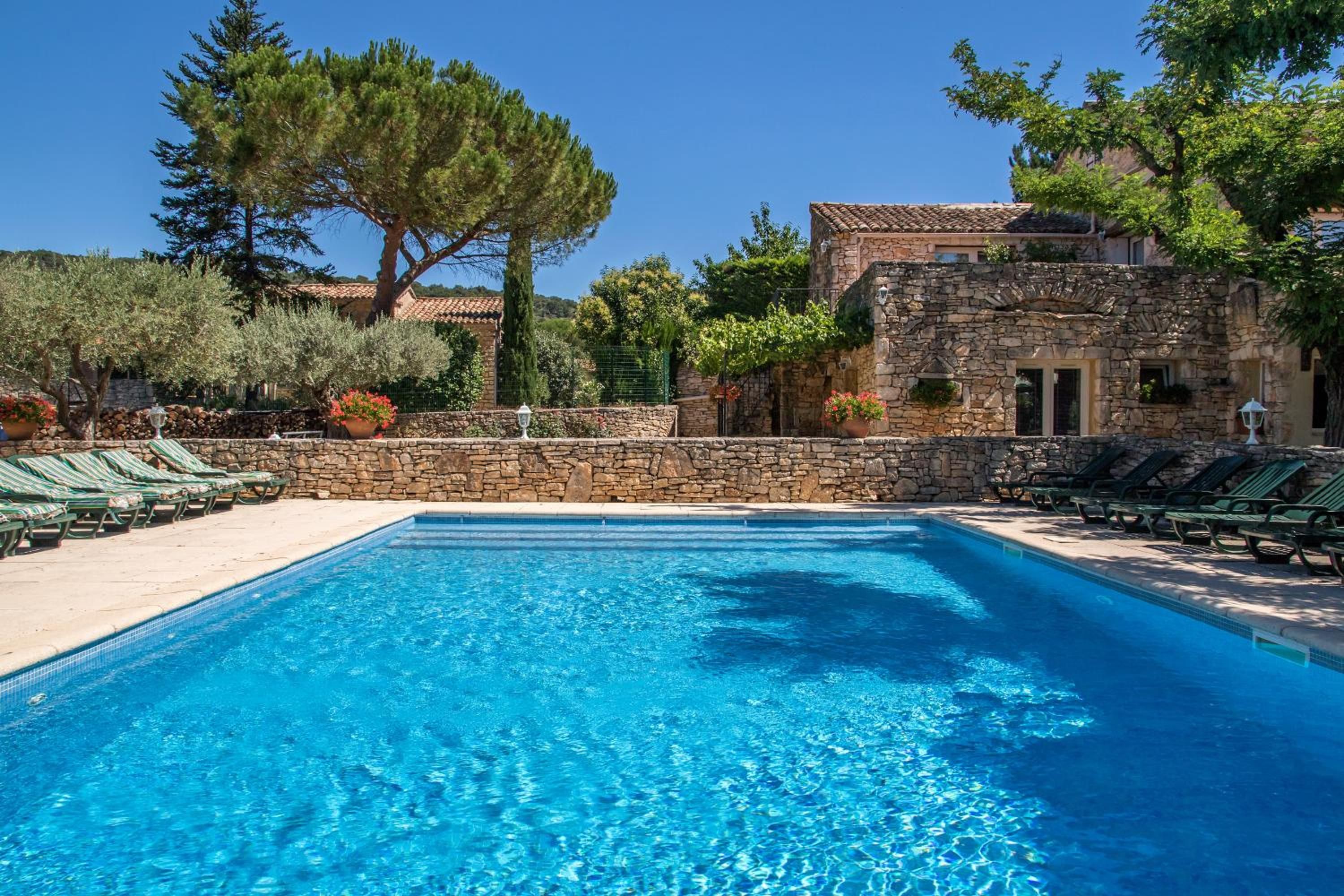 Outdoor pool, pool umbrellas, pool loungers