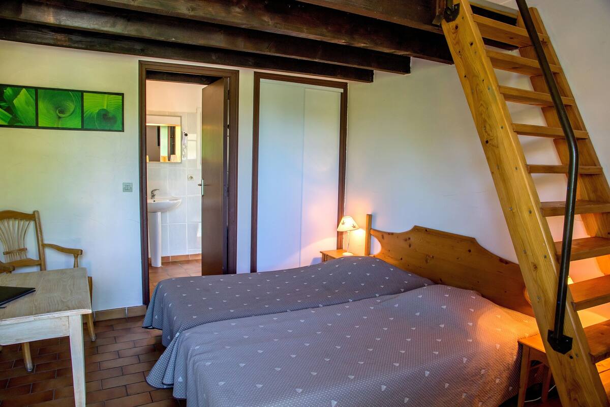 Ein Schlafzimmer mit zwei Betten, einer Holzleiter, einem Schreibtisch und einem Stuhl.