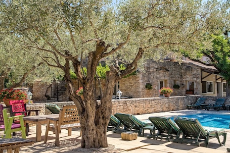 Outdoor pool, pool umbrellas, pool loungers. Hotel L'escarbille