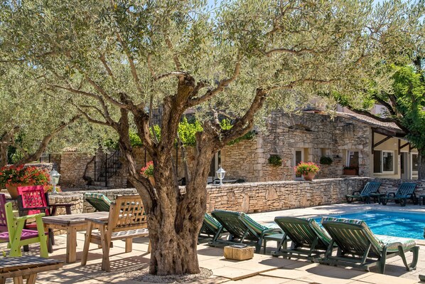 Piscina all'aperto, ombrelloni da piscina, lettini