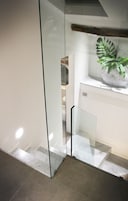 Un interior moderno con un panel de vidrio, una planta en maceta y una escalera con escalones de mármol.