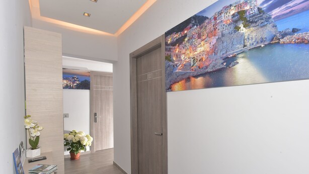 A hallway with a wooden floor, a door, a wall-mounted picture of a coastal town, and a small table with a potted plant and brochures.