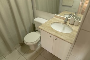 Combined shower/bathtub, deep-soaking bathtub, hair dryer, towels