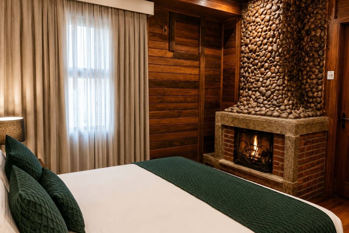 A room with a bed, a stone fireplace, wooden walls, and a window with curtains.