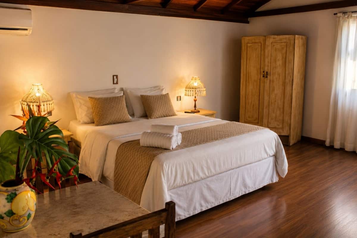 A bedroom with a bed, bedside lamps, a wooden wardrobe, and a table with a plant.