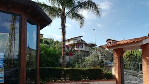 Un patio con suelo de baldosas, una palmera y una entrada portonada.
