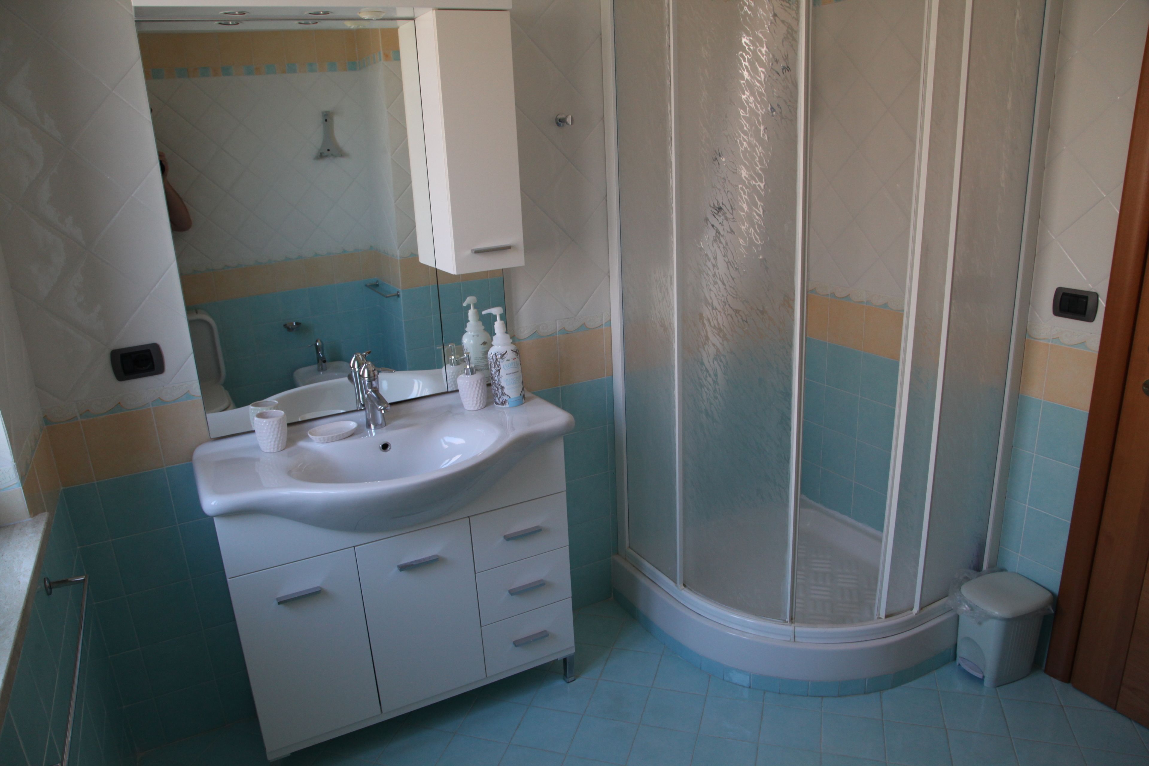 A bathroom with a sink, mirror, and shower enclosure.
