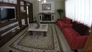 A living room with a TV, fireplace, red sofa, and patterned rug. - Pousada Princesa Isabel Dom Pedro (Petrópolis)