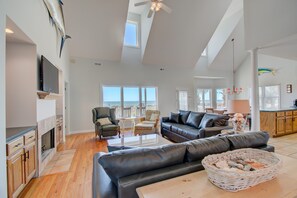 TV connectée, cheminée, lecteur de DVD, livres