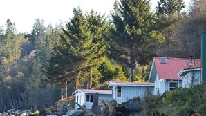 Uma cabana isolada com telhado vermelho, rodeada por floresta densa e destroços.