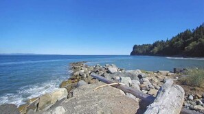 A rocky shoreline with a clear view of the ocean and a forested hill in the background.