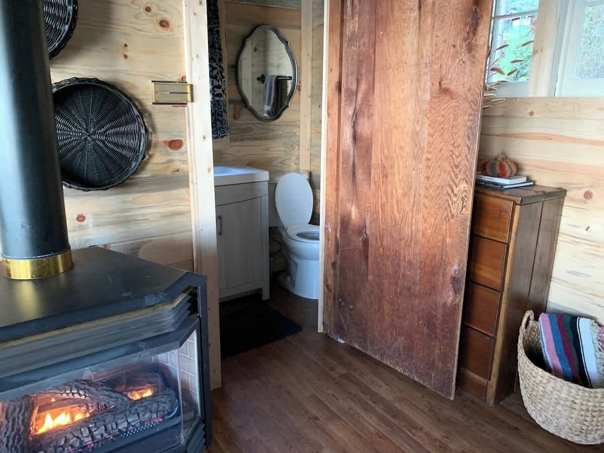 A rustic cabin interior with a wood-burning stove, a toilet, and a wooden door.
