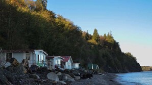 A coastal property with a house and a shed, surrounded by a rocky shoreline and dense forest.