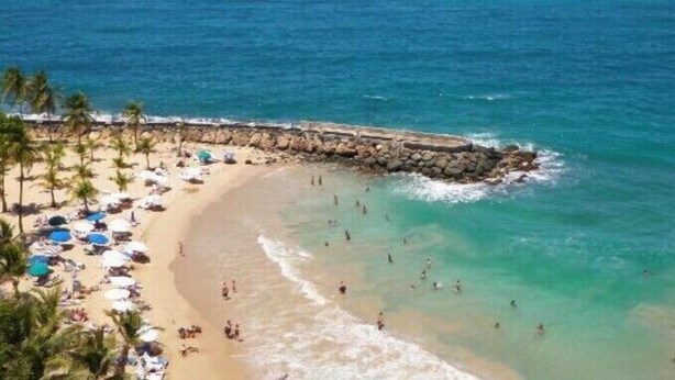 Una playa con agua turquesa cristalina, un muro de piedra y palmeras.