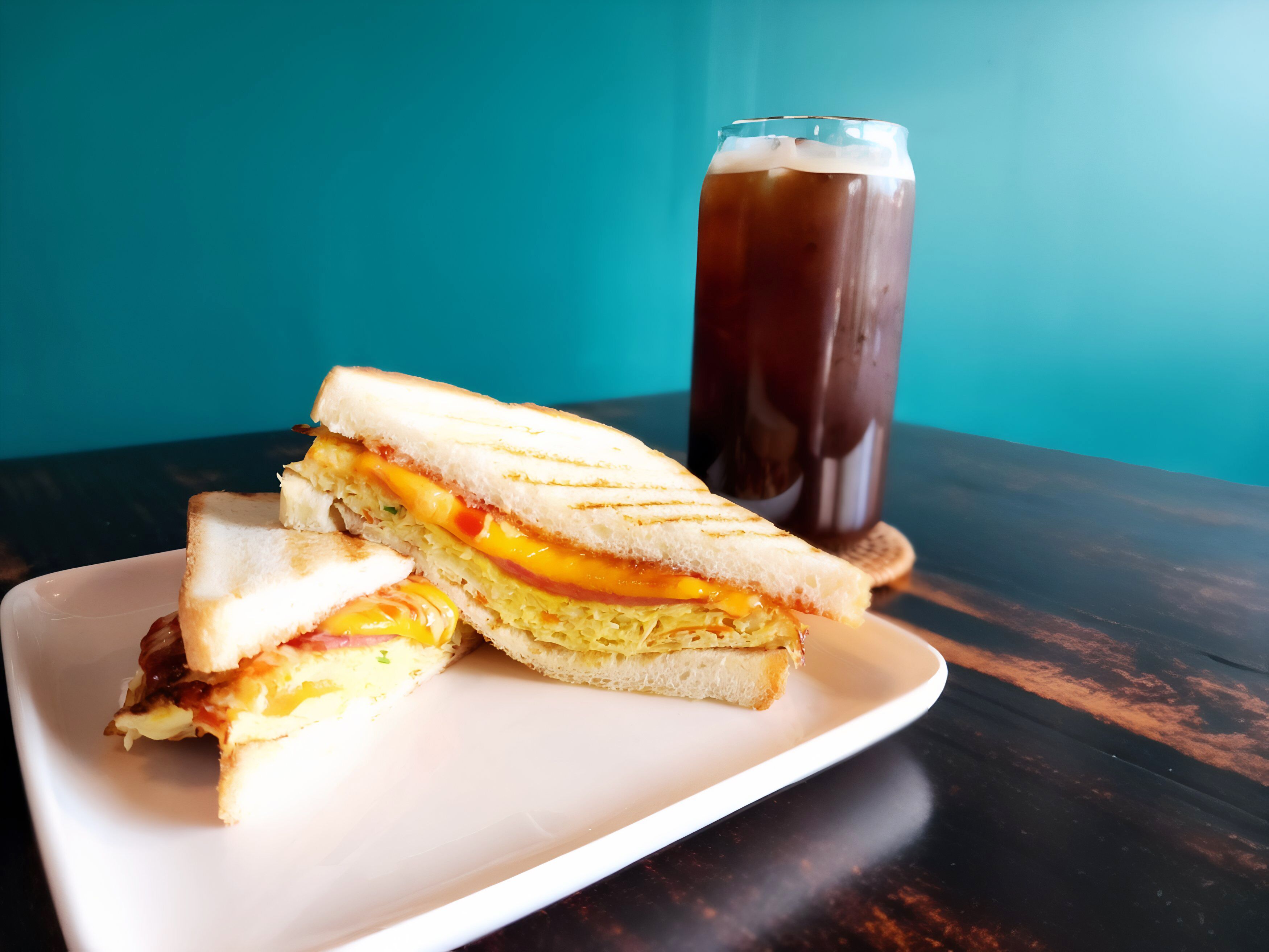 A sandwich cut in half on a white plate, with a glass of iced tea beside it.