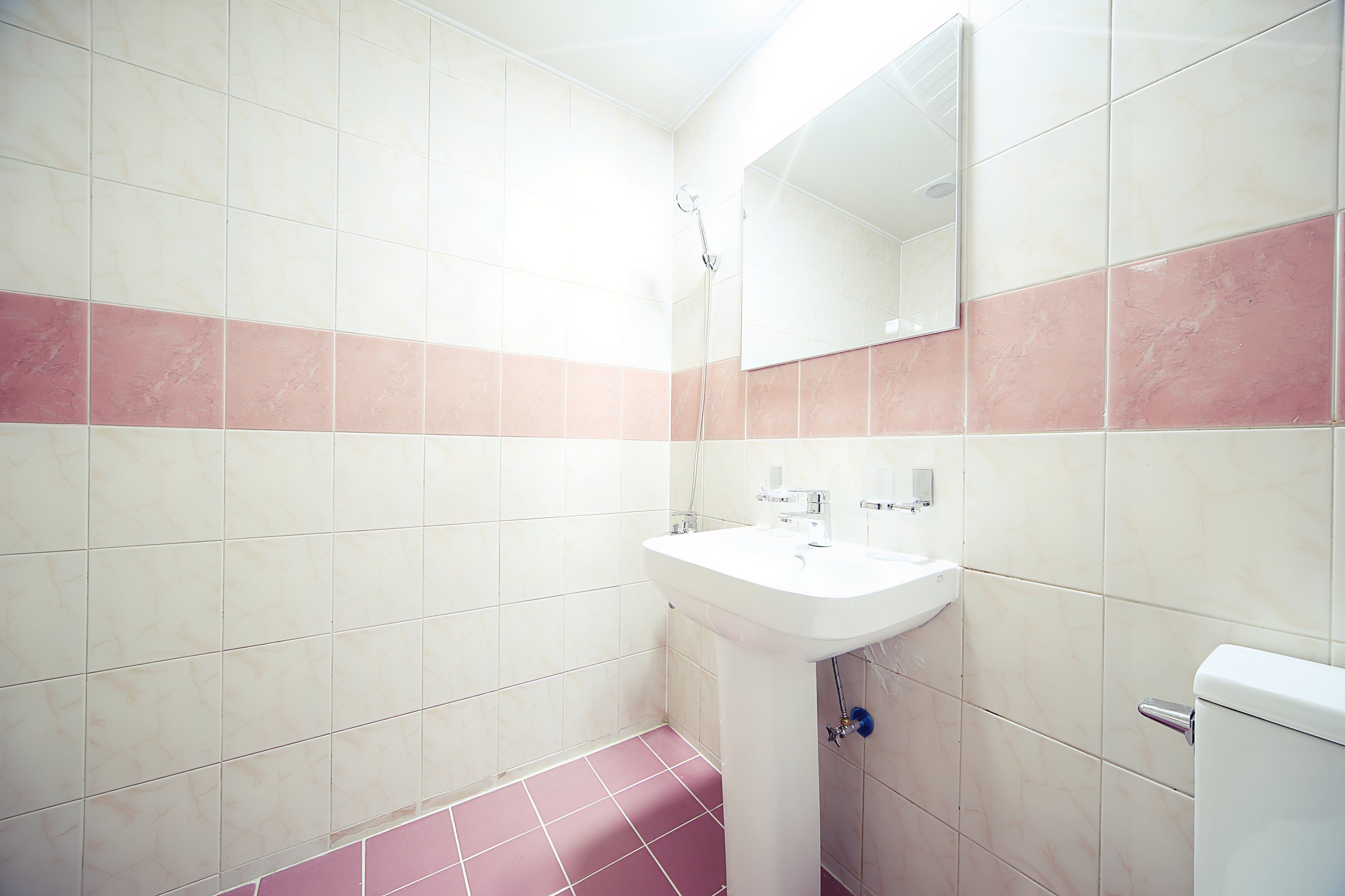 Un baño con baldosas blancas y rosas, un lavamanos blanco y un inodoro.
