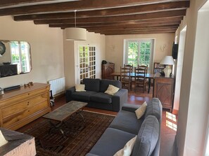 Télévision, cheminée, lecteur de DVD, livres