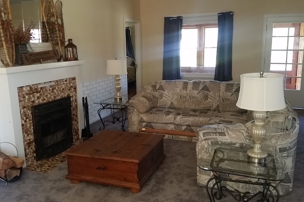 Televisión, chimenea, libros