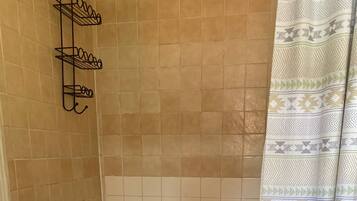 Combined shower/tub, hair dryer, towels, soap