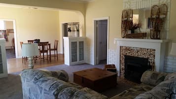 TV, fireplace, books