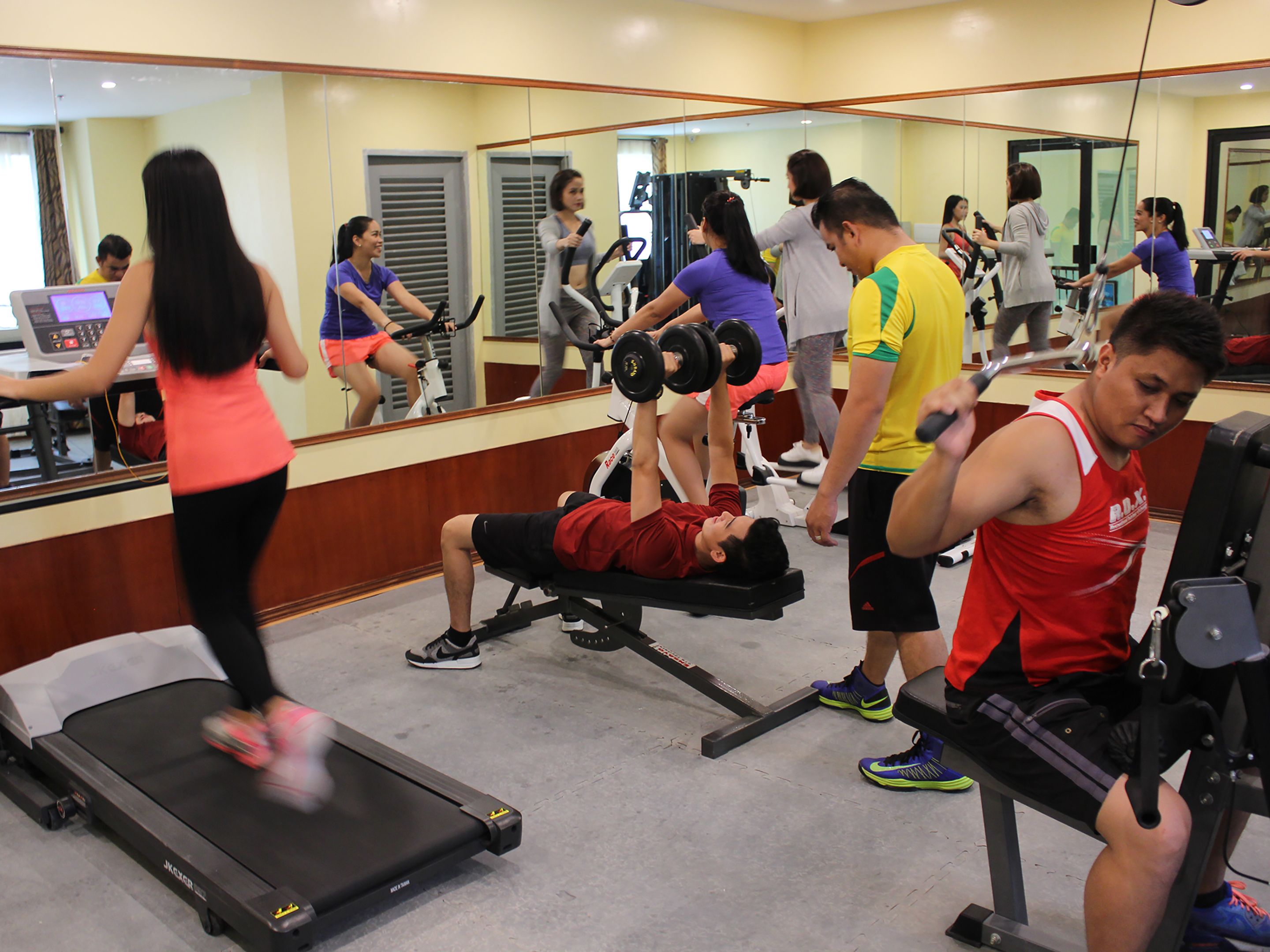 A gym with treadmills, stationary bikes, and weight machines.