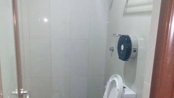 Shower, free toiletries, slippers, towels
