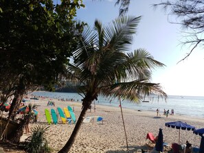 A beach with palm trees, umbrellas, and surfboards. - Kata S.T. House (Karon)