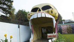 A large, yellow, skull-shaped structure with a sign reading "Lantern Collages." - Nandan Village Resort (Chandra)